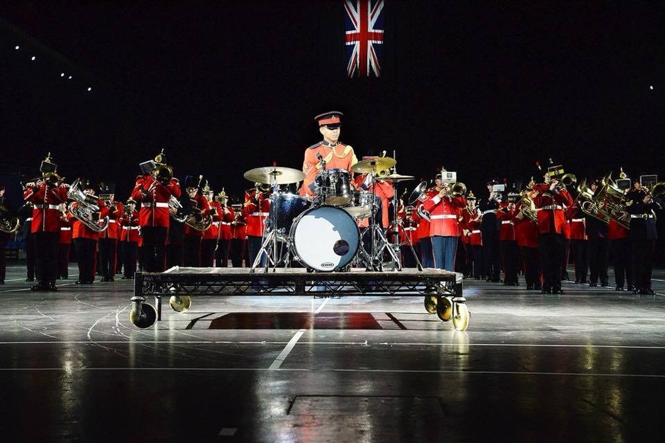 Cpl Thomas solo drum performance with Princess of Wales Royal Regiment Band and massed British Army Reserve Bands